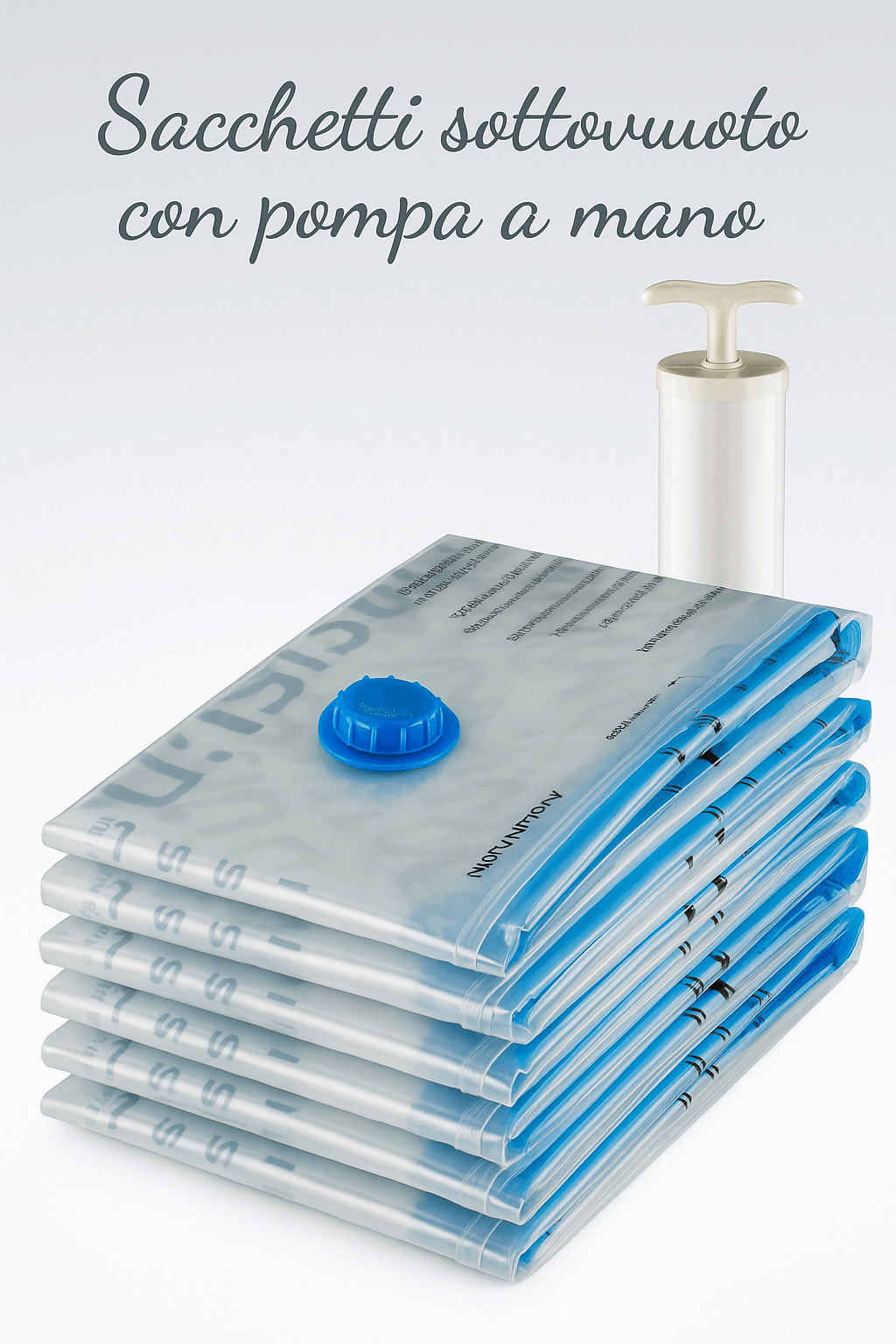 Sacchetti sottovuoto con pompa a mano Amazon Basics: set da 5 pezzi con pompa manuale, idea regalo del giorno per organizzazione domestica