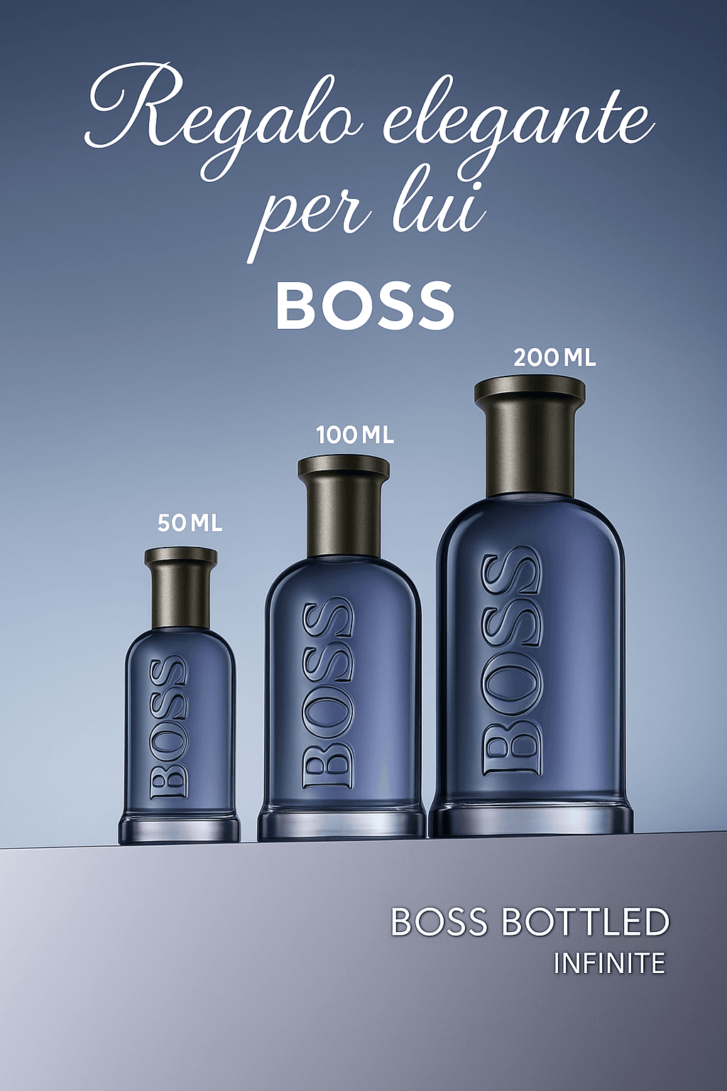 BOSS Bottled Infinite Eau de Parfum in flacone blu scuro, regalo elegante per lui con fragranza sofisticata