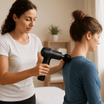 Mebak 5 pistola per massaggio vista frontale con impugnatura ergonomica e display touch