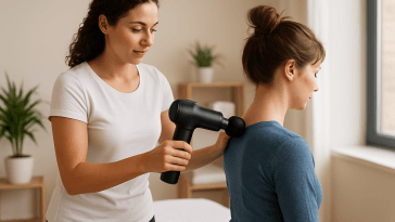 Mebak 5 pistola per massaggio vista frontale con impugnatura ergonomica e display touch