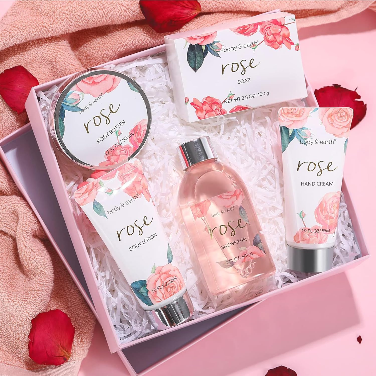 Set regalo donna BODY & EARTH rosa 5 pezzi: gel doccia, burro corpo, crema mani - idea regalo compleanno 2025