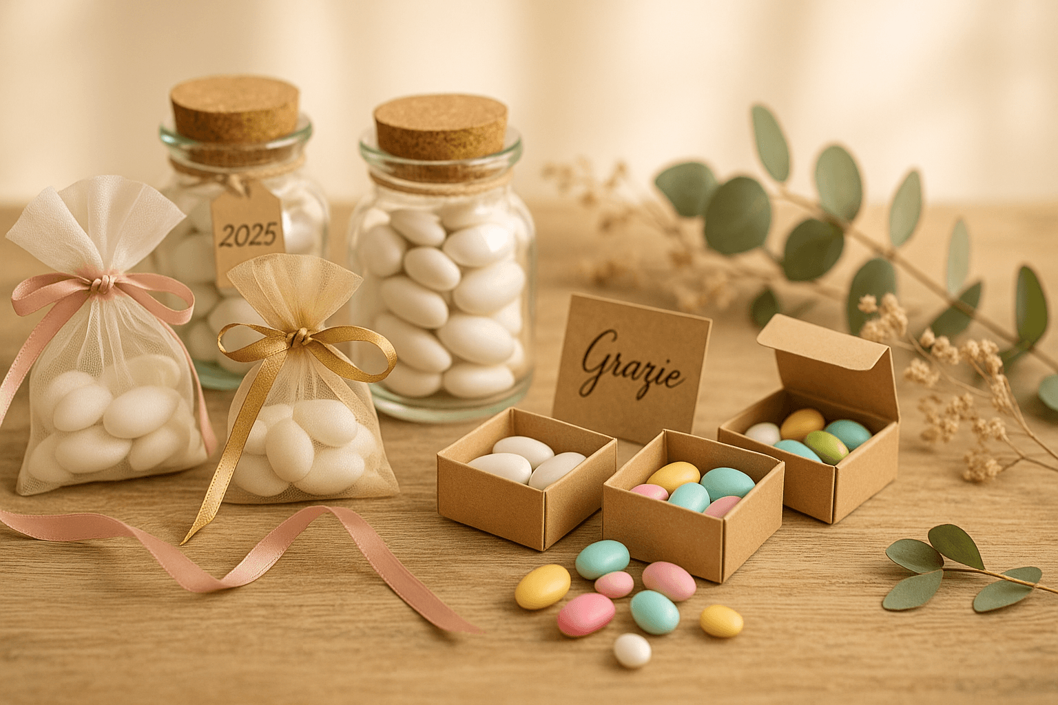 50 idee bomboniere originali 2025: barattoli vetro, sacchetti organza, scatoline eleganti per matrimonio battesimo laurea