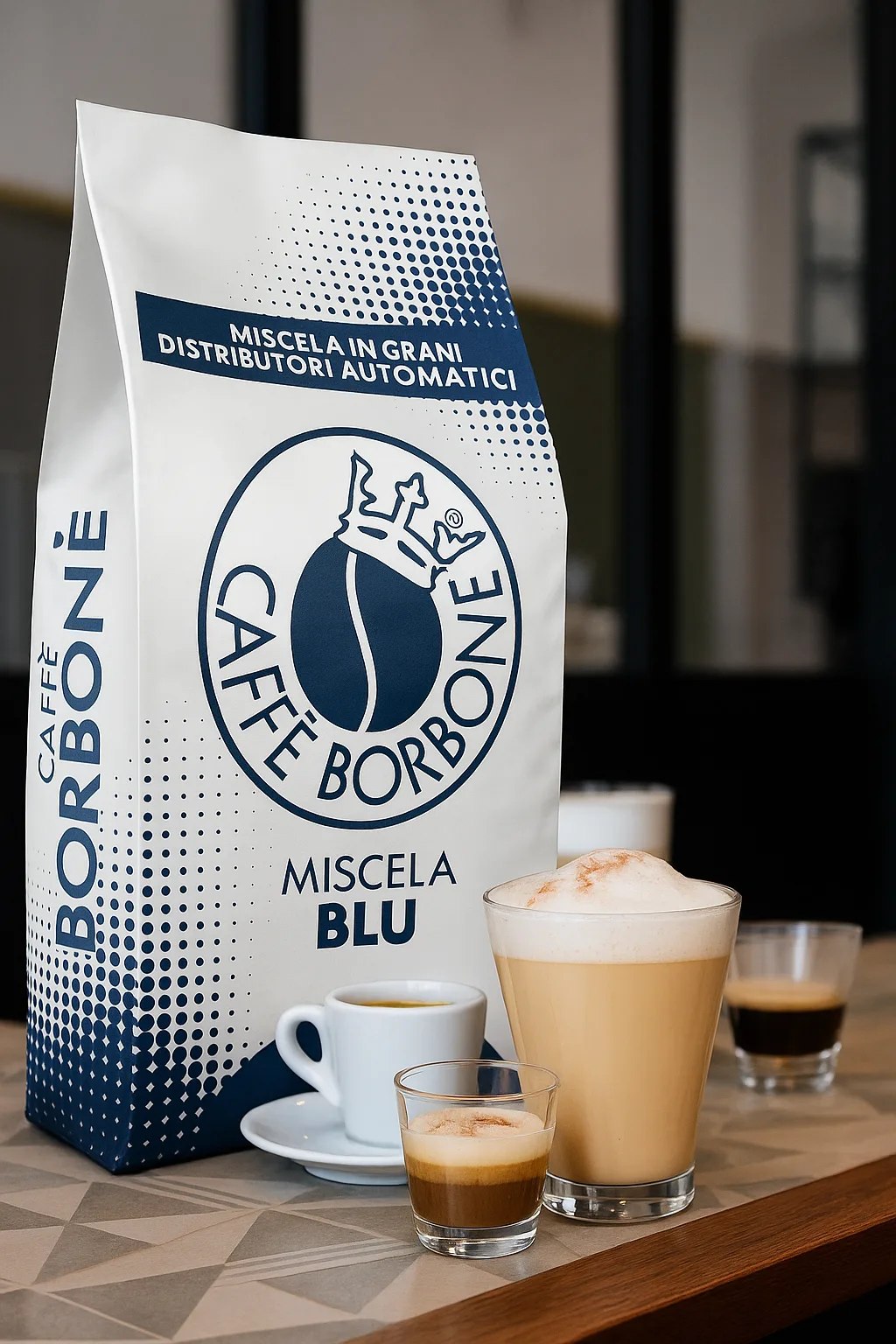 Caffè Borbone in grani Miscela Blu 1 kg con tazza e macchina espresso