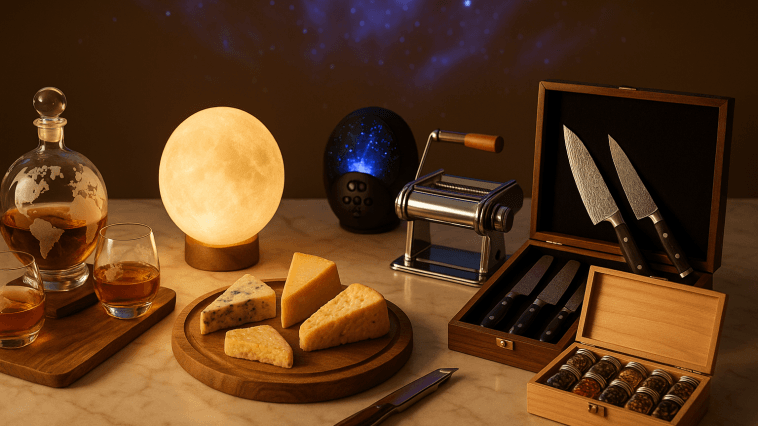 Cosa regalare a chi ha tutto - 50 idee regalo originali per uomo donna con prodotti di lusso e gadget unici disposti elegantemente