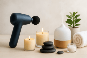 Regali benessere con pistola massaggiante, candele, diffusore aromi e prodotti per il relax