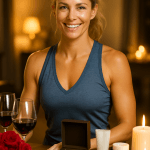 Regalo 50 anni donna - idee originali per compleanno, con elegante donna cinquantenne circondata da regali di qualità