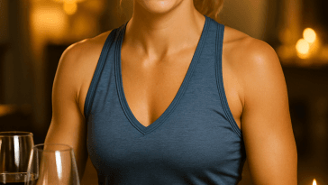 Regalo 50 anni donna - idee originali per compleanno, con elegante donna cinquantenne circondata da regali di qualità