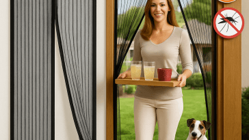 Zanzariera magnetica 90 x 250 nera installata su porta finestra con magneti centrali visibili