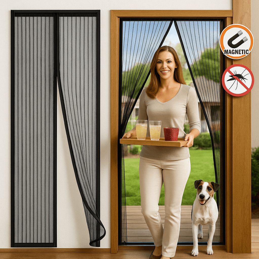 Zanzariera magnetica 90 x 250 nera installata su porta finestra con magneti centrali visibili