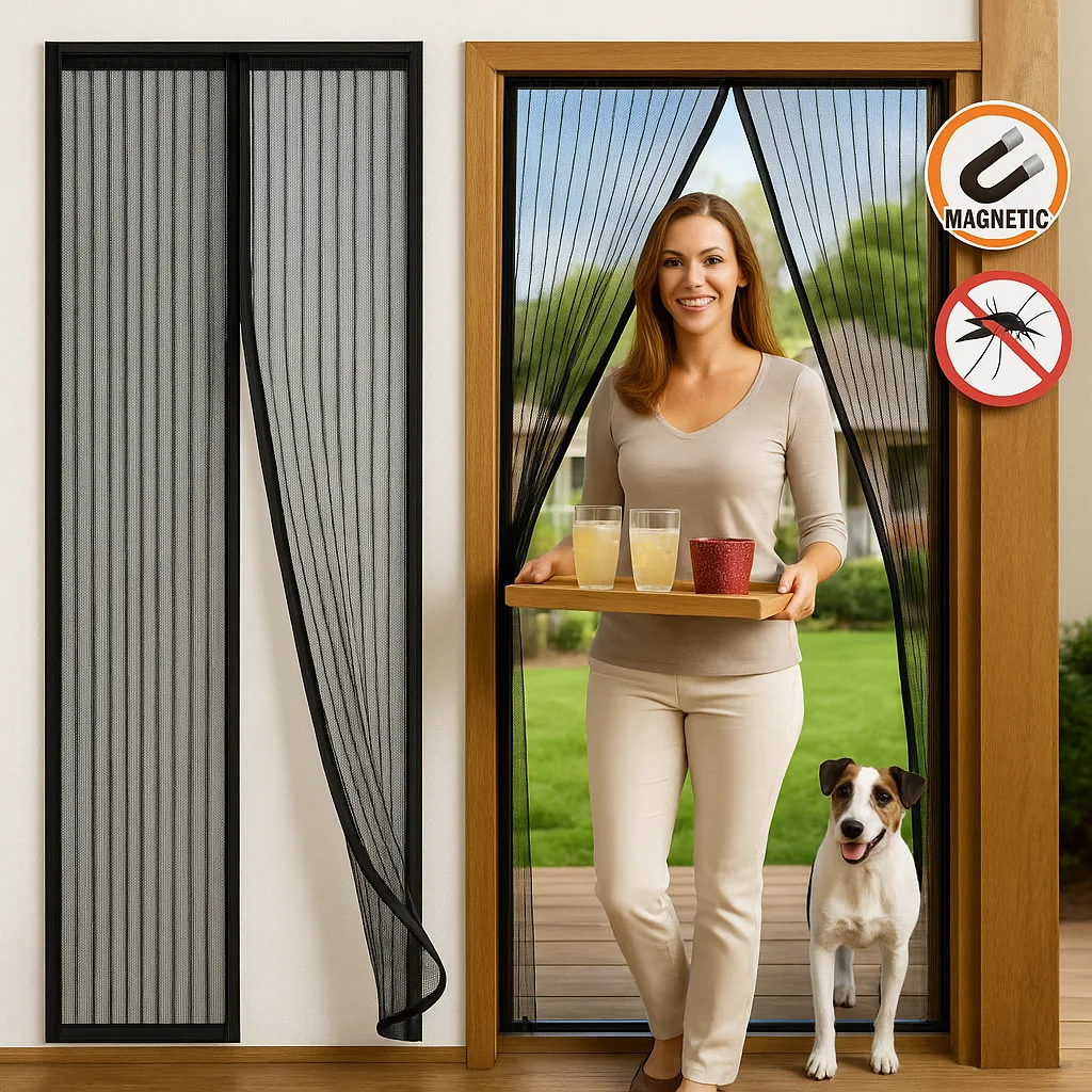 Zanzariera magnetica 90 x 250 nera installata su porta finestra con magneti centrali visibili