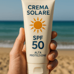 Crema solare SPF 50 con sfondo sabbia e mare – Guida completa 2025