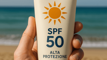 Crema solare SPF 50 con sfondo sabbia e mare – Guida completa 2025
