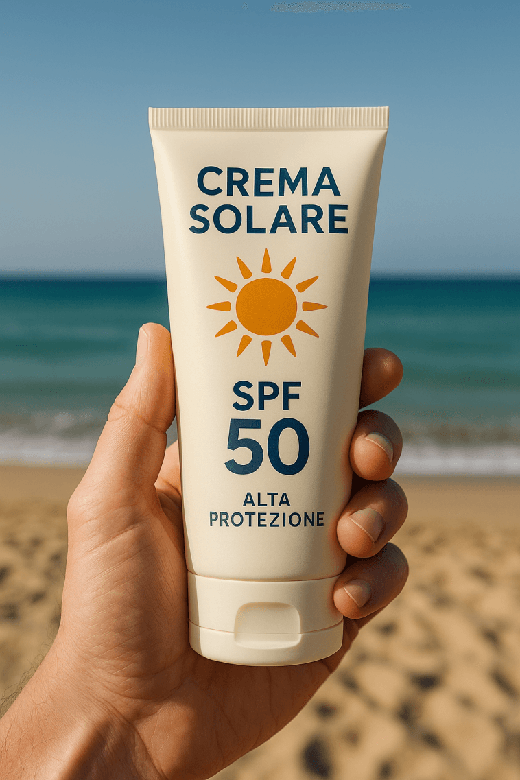 Crema solare SPF 50 con sfondo sabbia e mare – Guida completa 2025