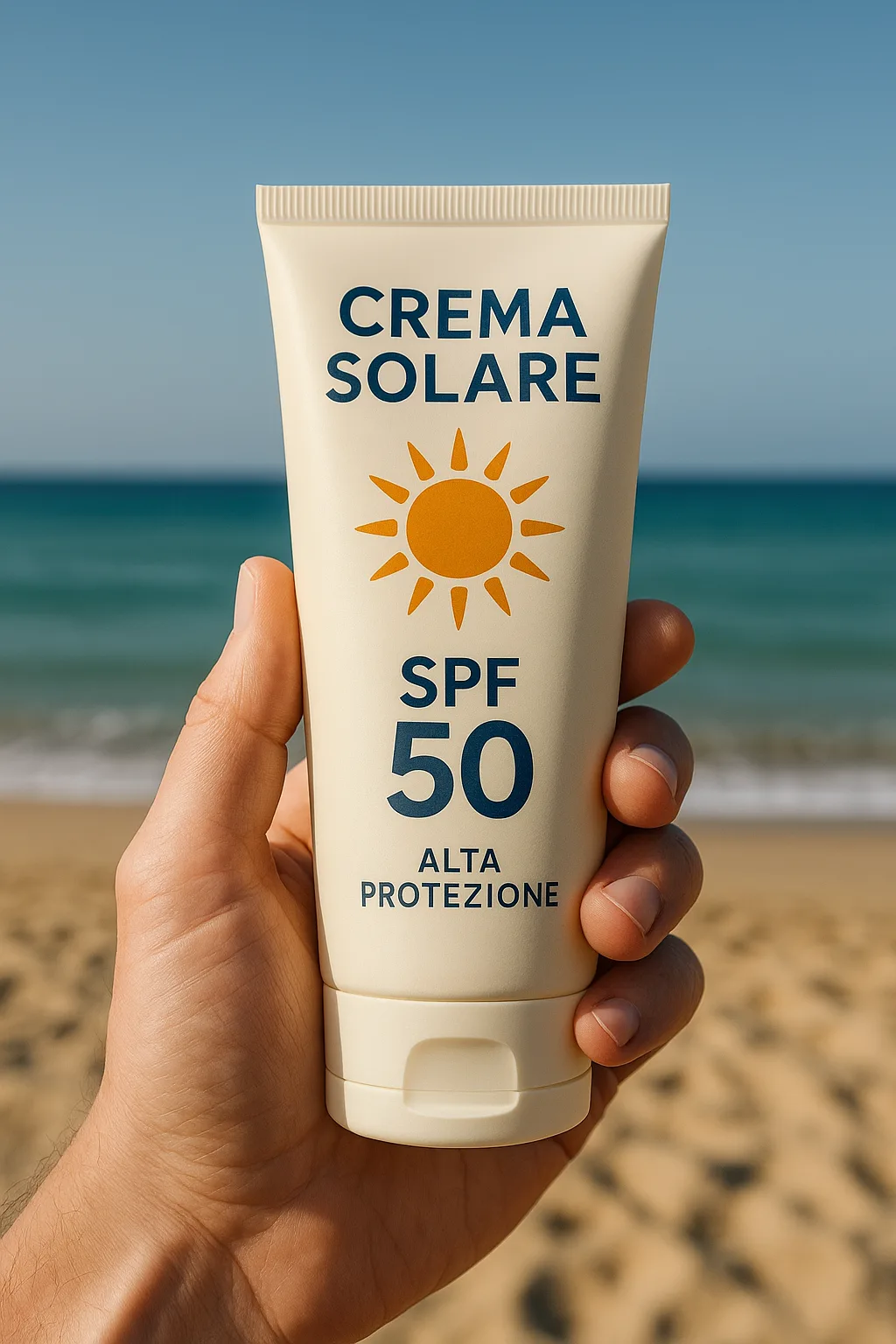 Crema solare SPF 50 con sfondo sabbia e mare – Guida completa 2025