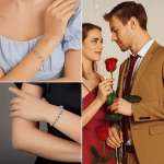 Collage di idee regalo compleanno donna: bracciali eleganti e rosa eterna