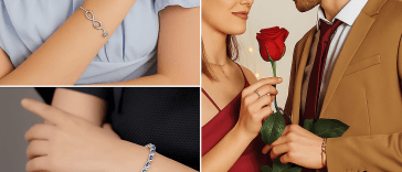 Collage di idee regalo compleanno donna: bracciali eleganti e rosa eterna