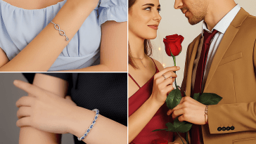 Collage di idee regalo compleanno donna: bracciali eleganti e rosa eterna