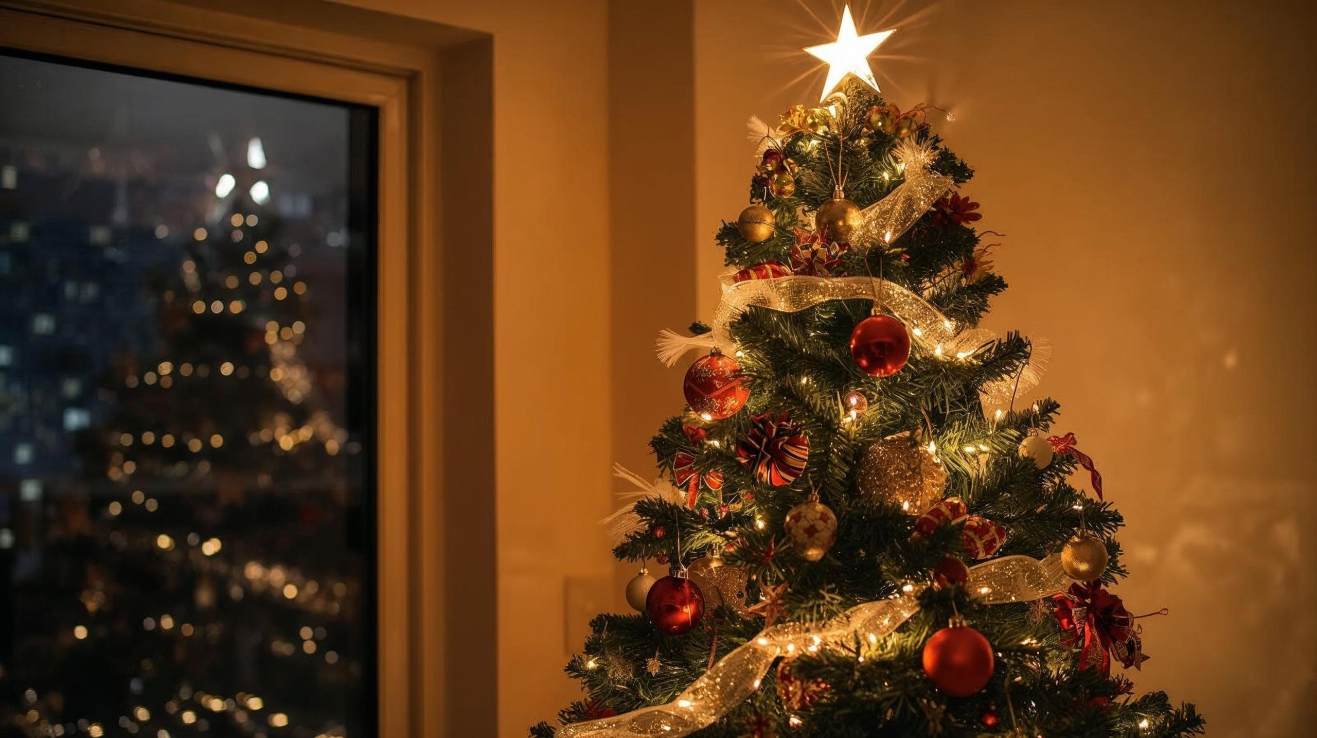 Albero di Natale 2025 decorato con luci calde e addobbi eleganti in un salotto moderno.