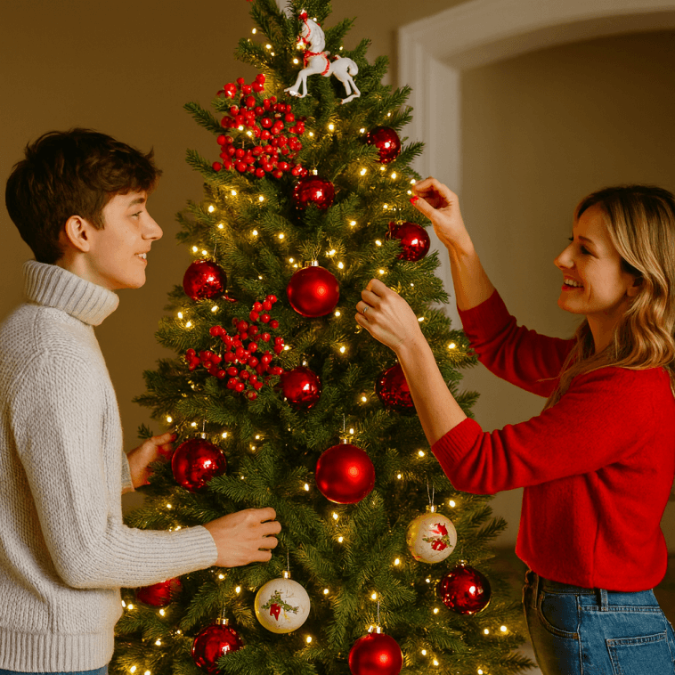 madre e figlio che decorano insieme un albero di Natale con luci incorporate e palline rosse in salotto