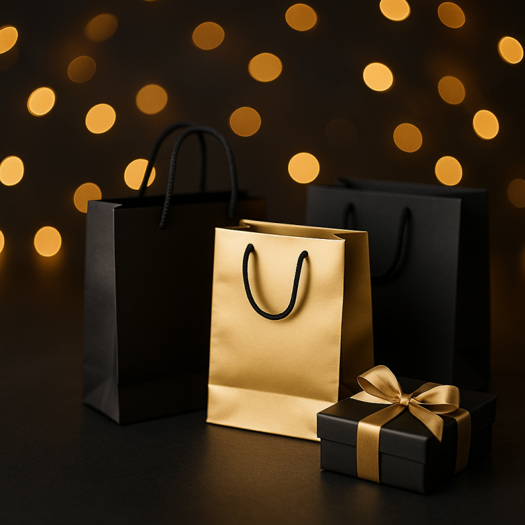 Shopping elegante durante il Black Friday 2025, atmosfera moderna nero e oro.