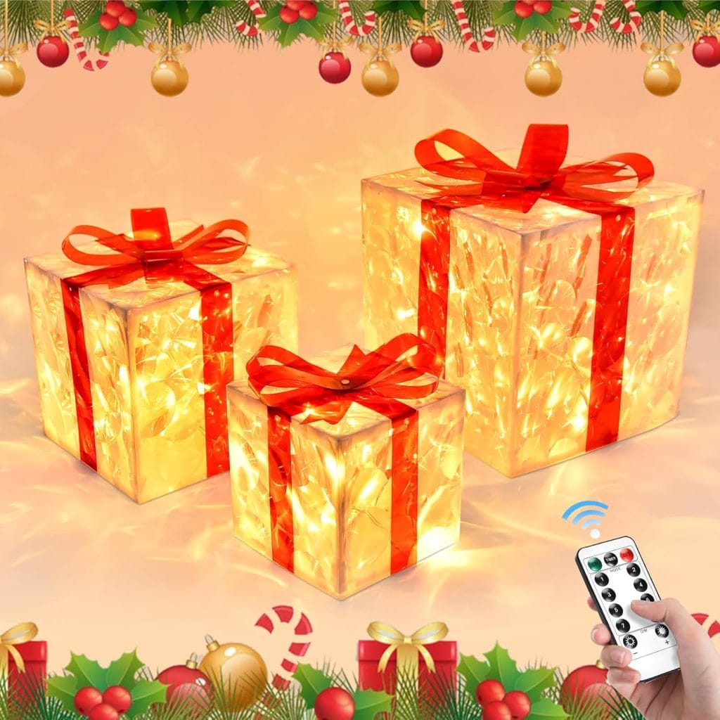 Set 3 scatole regalo luminose con 50 LED e telecomando – decorazione natalizia elegante, idea regalo di Natale per la casa