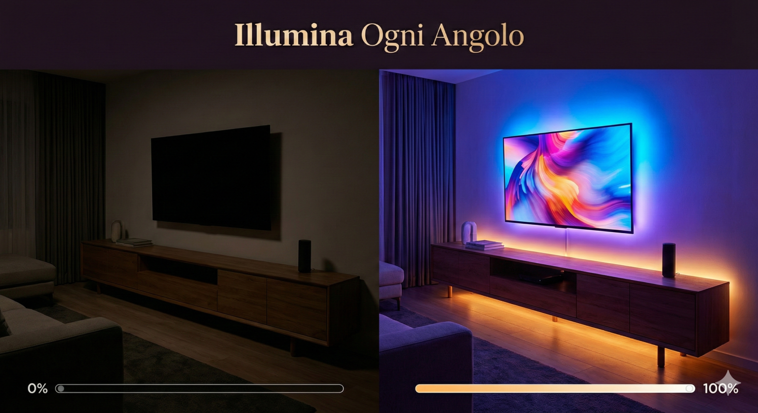 Confronto prima e dopo con Strisce LED Camera da Letto HOVVIDA installate dietro la TV e sotto il mobile del soggiorno.