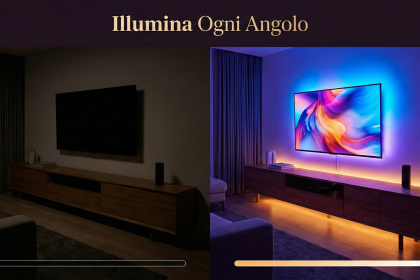 Confronto prima e dopo con Strisce LED Camera da Letto HOVVIDA installate dietro la TV e sotto il mobile del soggiorno.
