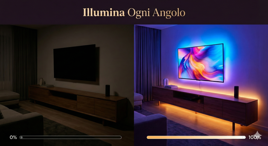 Confronto prima e dopo con Strisce LED Camera da Letto HOVVIDA installate dietro la TV e sotto il mobile del soggiorno.